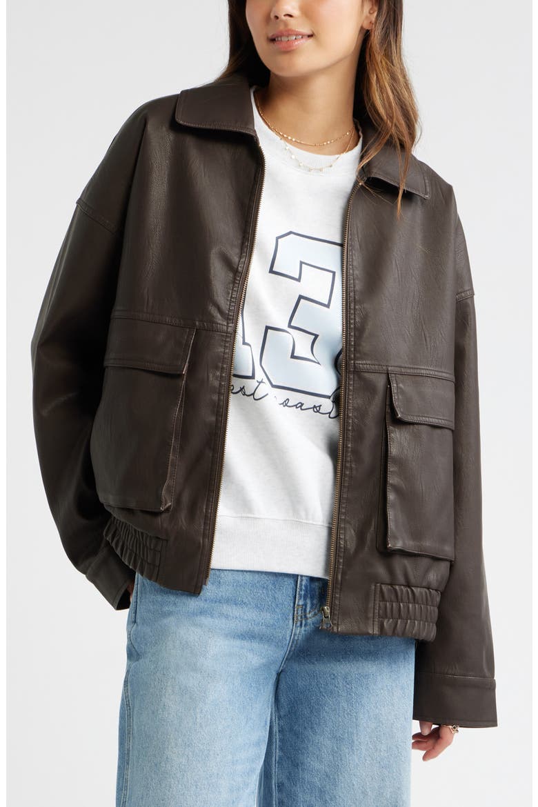 Relaxed Faux Leather Jacket, Main, color, BROWN