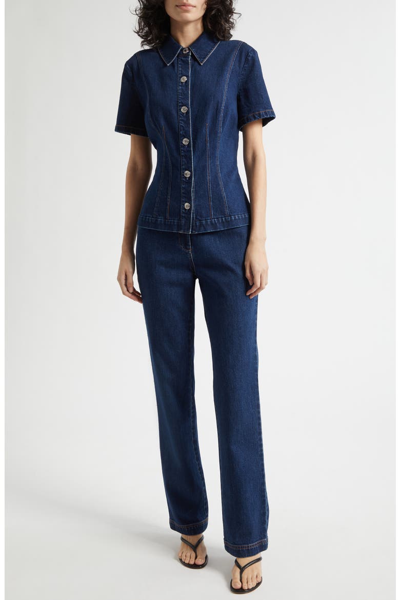 Halle Short Sleeve Denim Button-Up Shirt, Alternate, color, MIDWASH