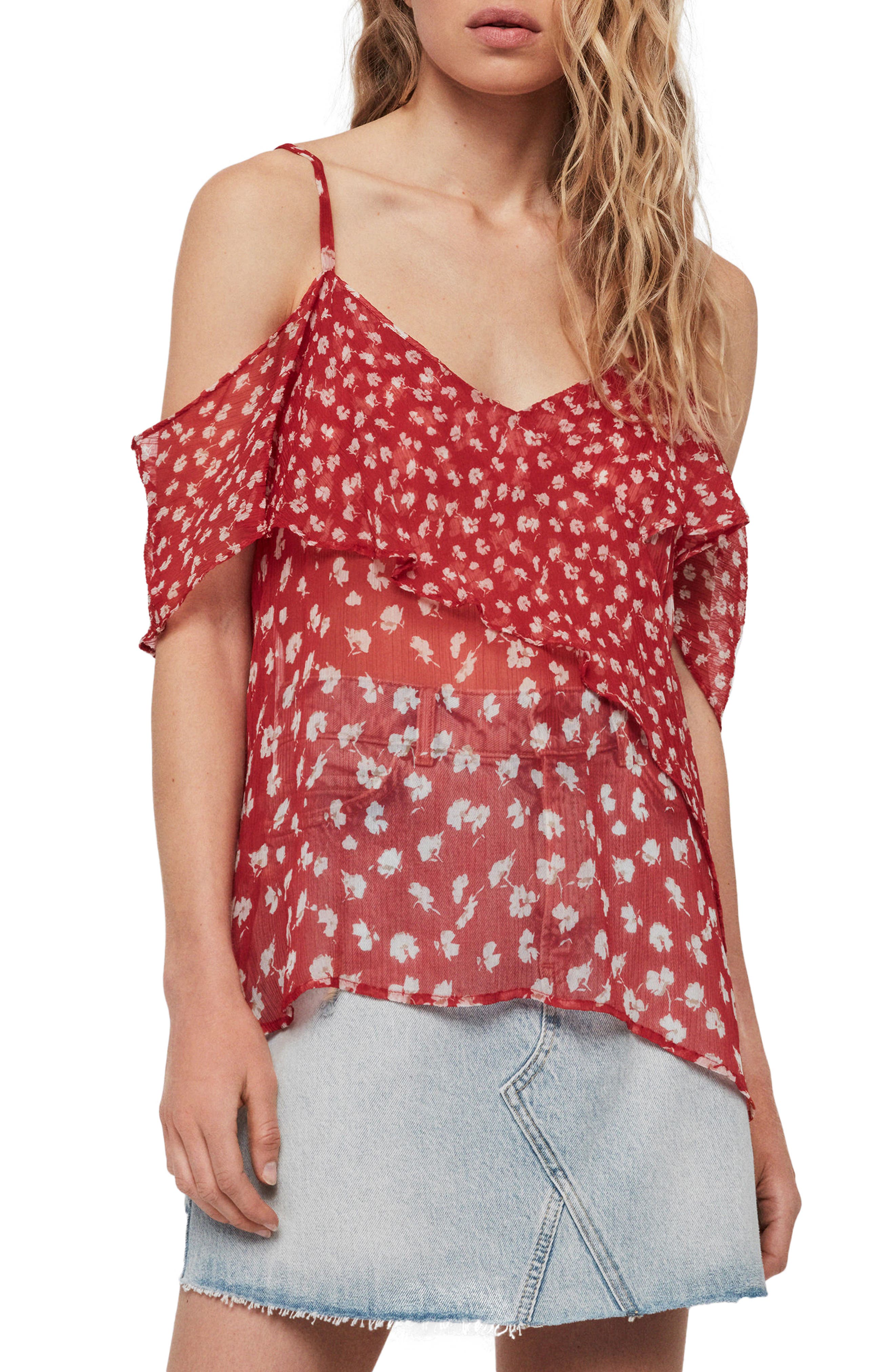 AllSaints Savine Scatter Cold Shoulder Silk Top (Women) | Nordstromrack