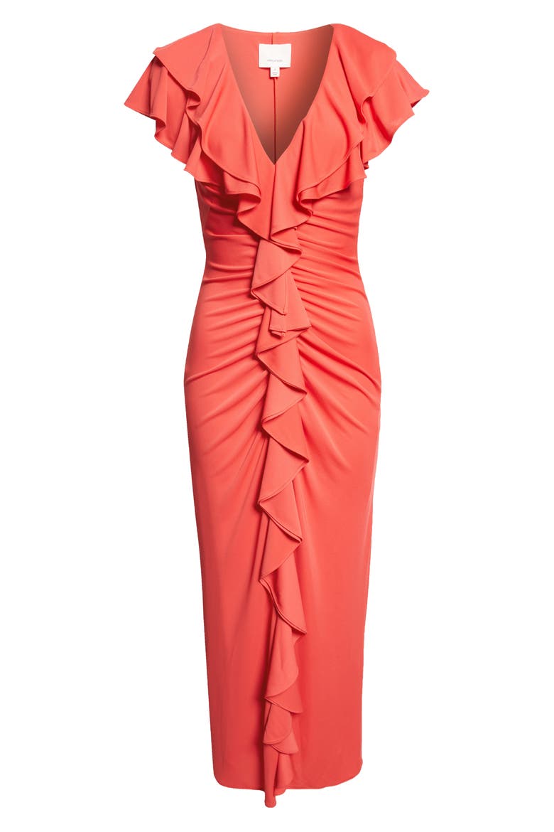 Tallis Ruffle Ruched V Neck Midi Dress, Alternate, color, CRIMSON AURA