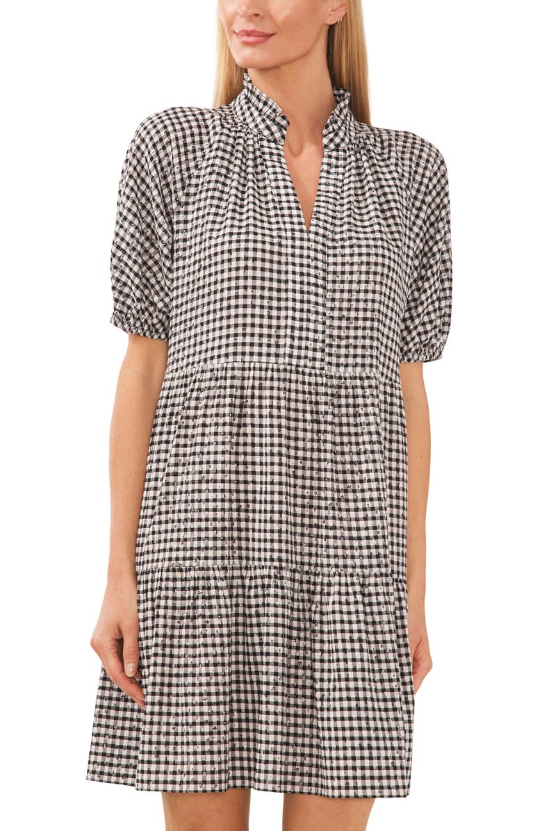 CeCe Check Floral Embroidered Babydoll Minidress, Alternate, color,