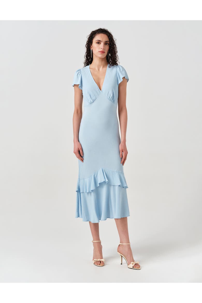 Corinne Frill Crepe Midi Dress, Main, color, Blue