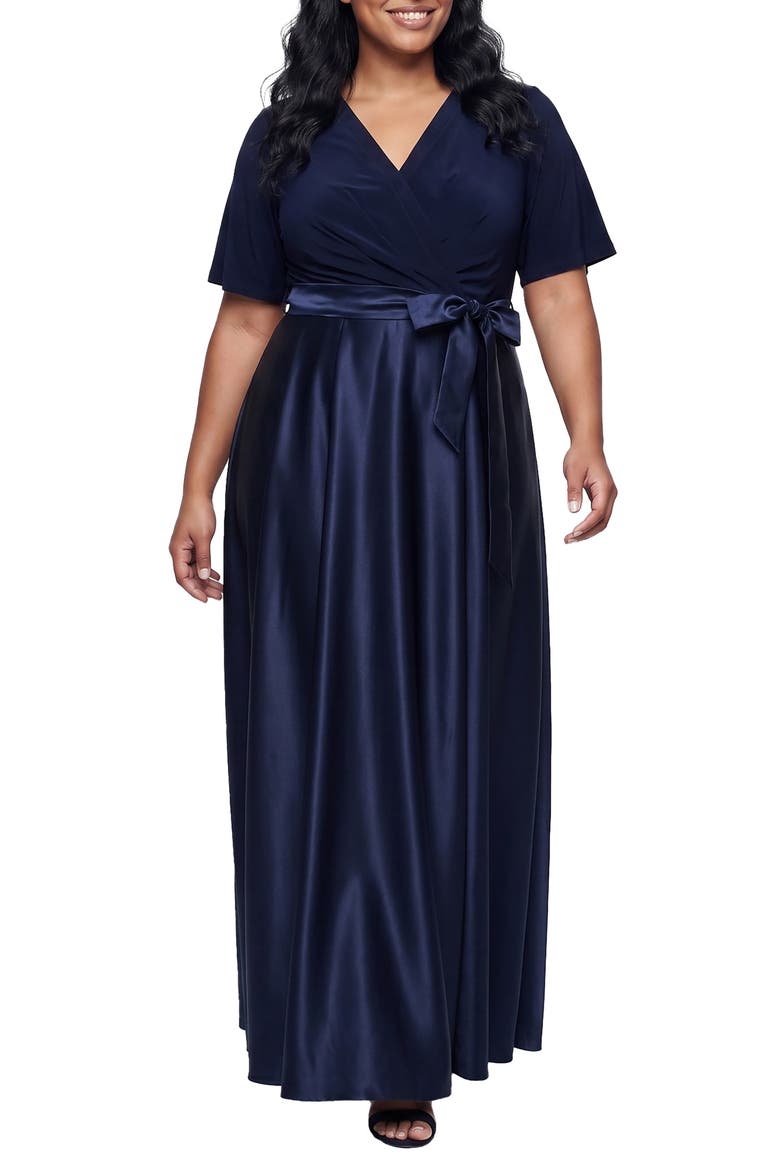 Mixed Media Surplice Neck Gown, Main, color, NAVY