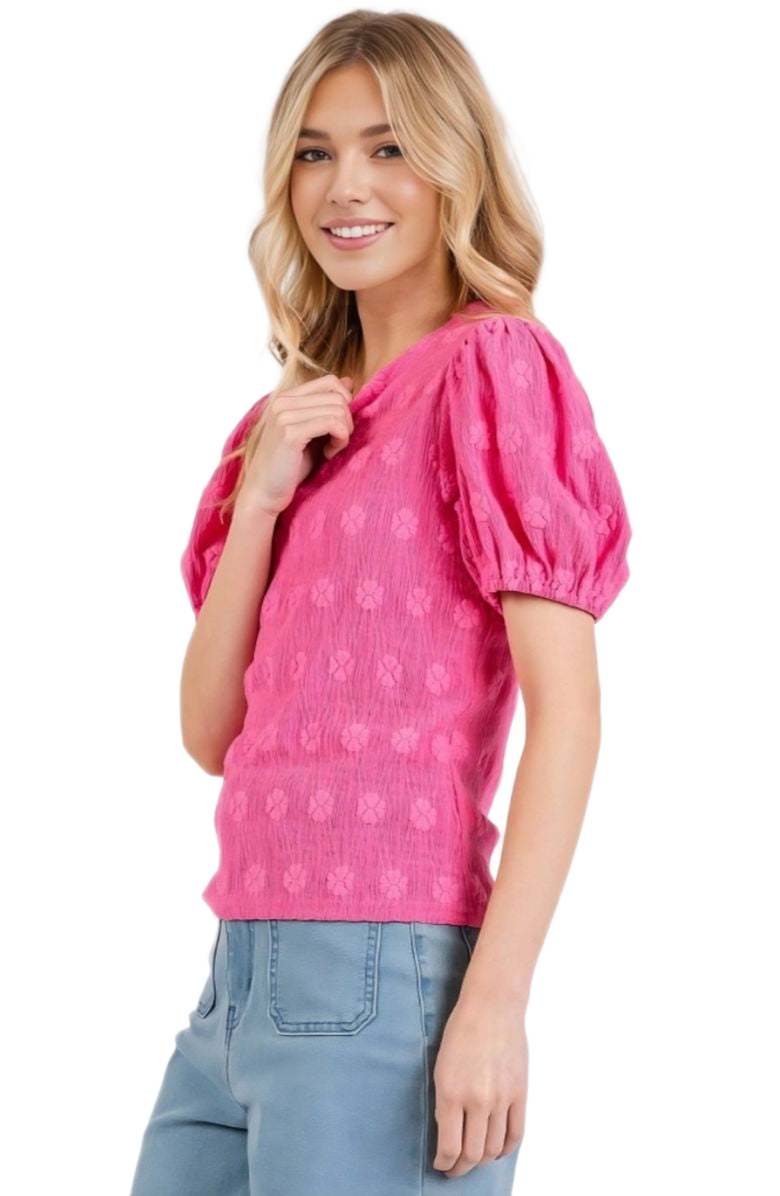 Knit and Lounge Embroidered Crinkled Texture Puff Sleeve Round Neck Top, Alternate, color, 