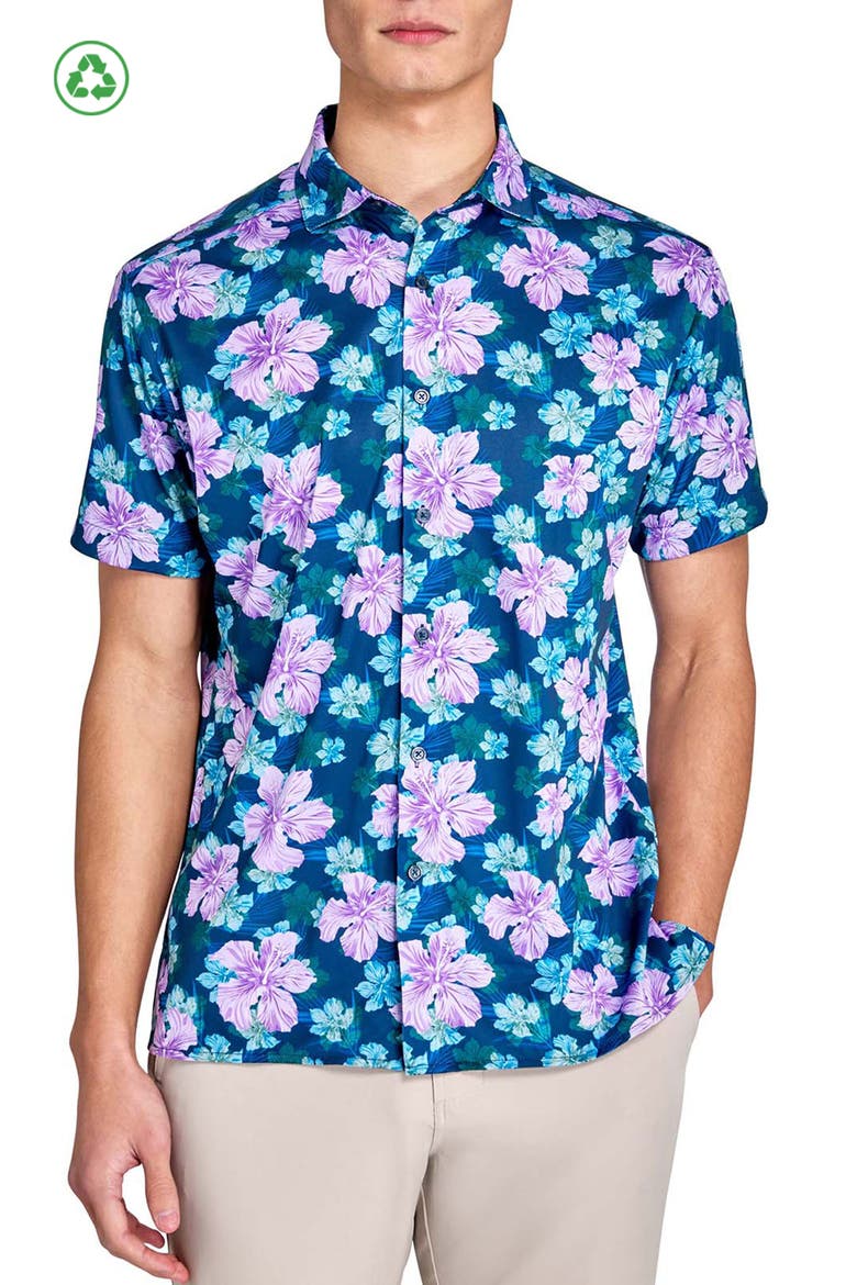 Regular Fit Layered Hibiscus Recycled Performance Golf Button-Down Shirt, Main, color, NAVY/PURPLE