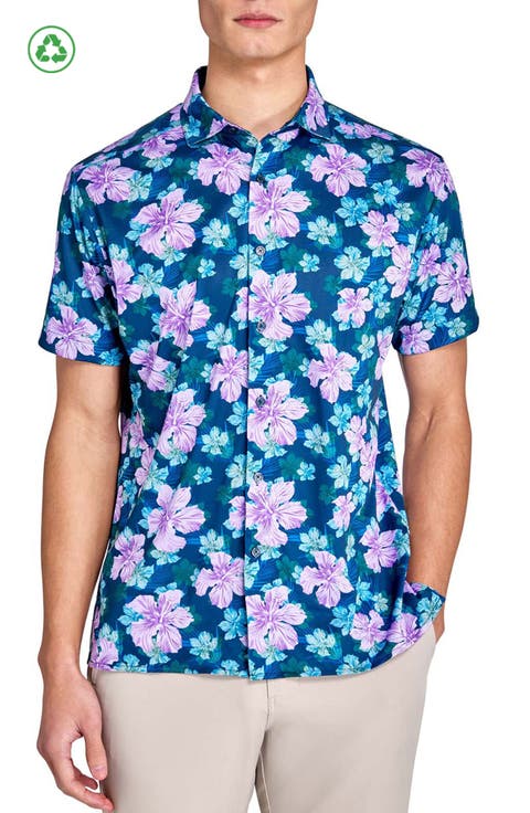 Regular Fit Layered Hibiscus Recycled Performance Golf Button-Down Shirt