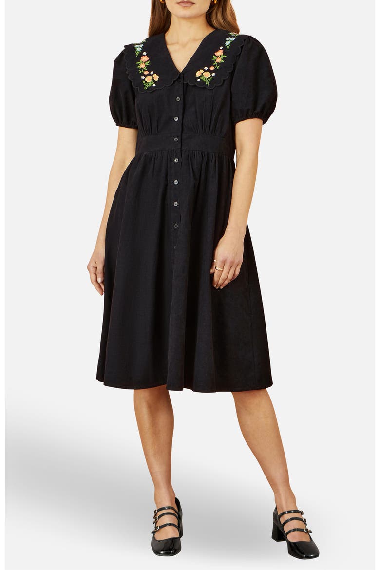 Embroidered Collar Cord Tea Dress, Alternate, color, Black