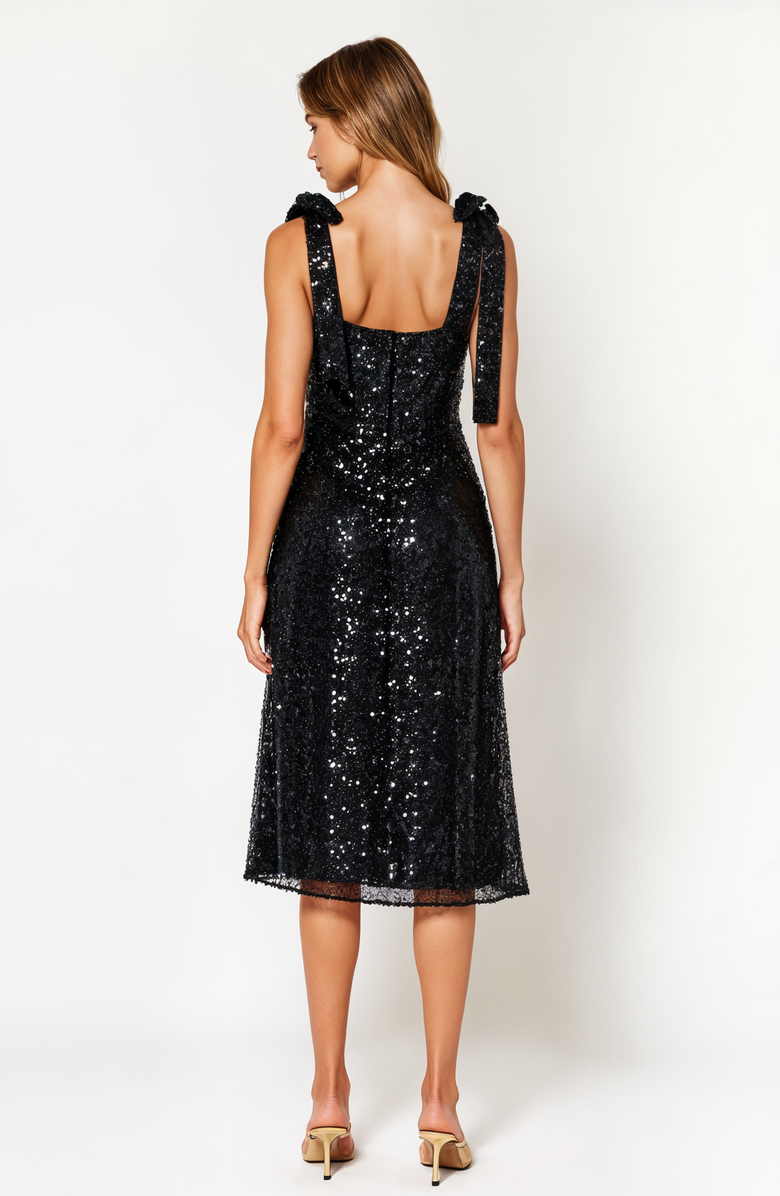 Modenaire Sequin Midi Dress with Tie Straps and Square Neckline, Alternate, color, Black Sequin