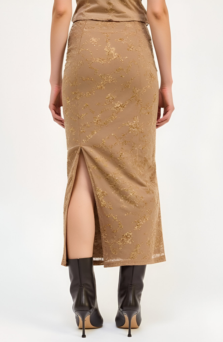 Modenaire Floral Velvet Ruched Waist Side Slit Midi Skirt, Alternate, color,