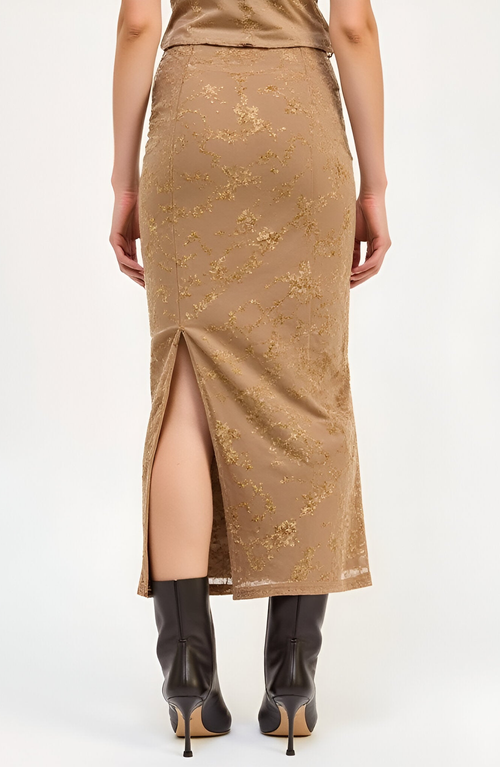 Modenaire Floral Velvet Ruched Waist Side Slit Midi Skirt In Gold