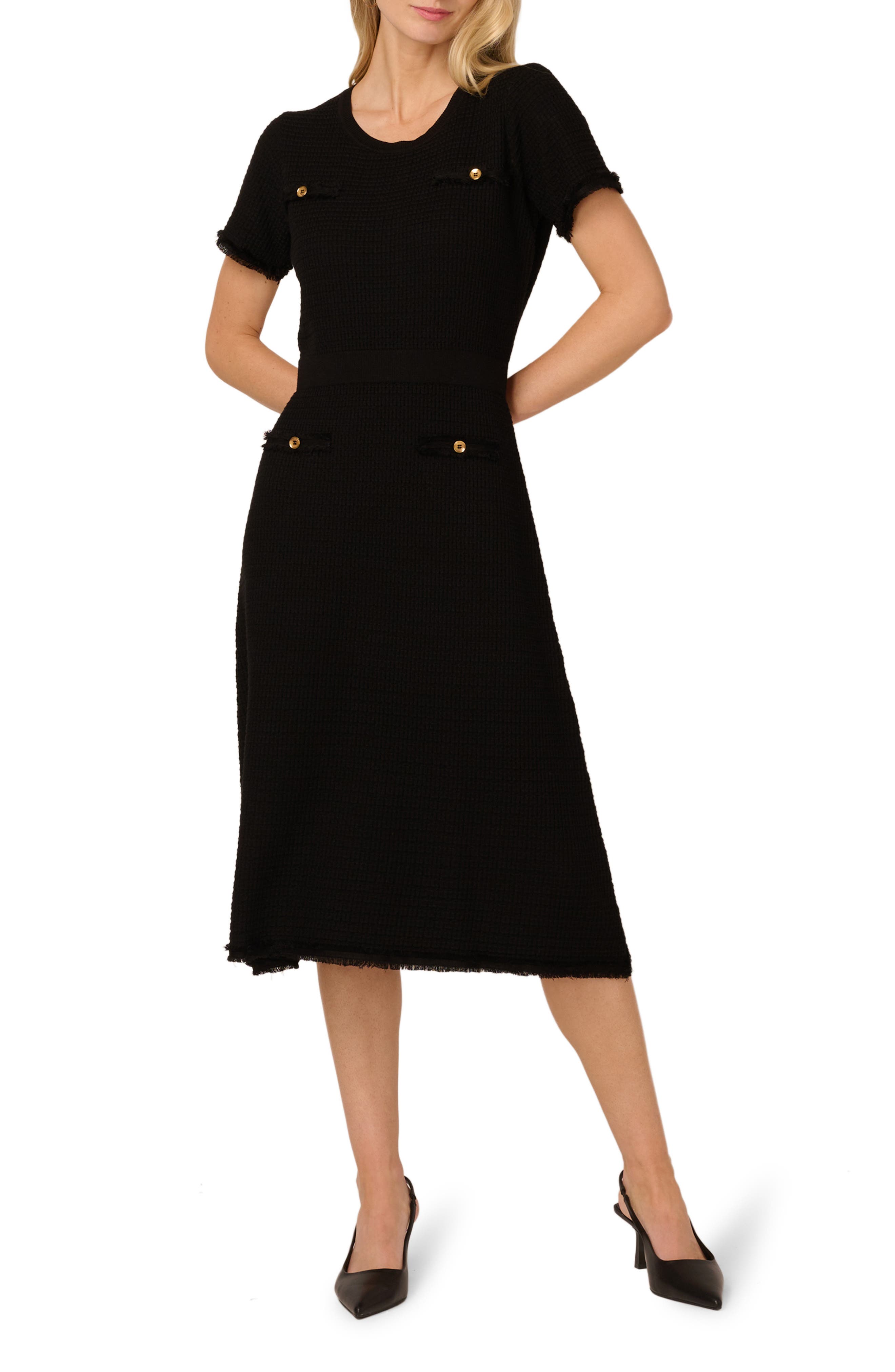 Adrianna Papell Short Sleeve Waffle Knit Midi Sweater Dress