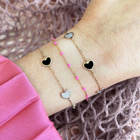 Mother of Pearl and Onyx Heart Station Bracelet