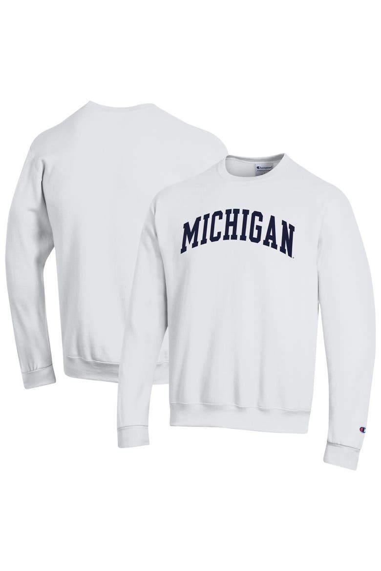 Men's Champion  White Michigan Wolverines Basic Arch Fleece Pullover Sweatshirt, Alternate, color, White