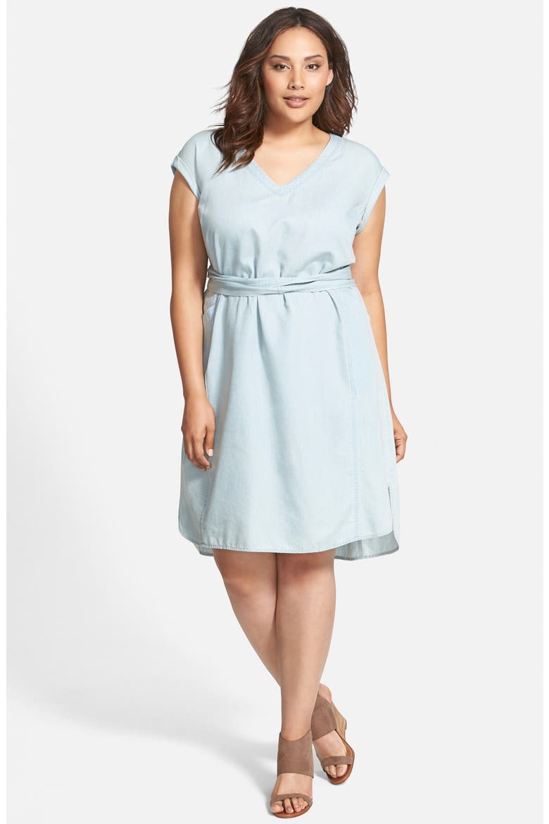 Bleach Wash Chambray Tie Waist Dress, Main, color, BLEACH WASH CHAMBRAY
