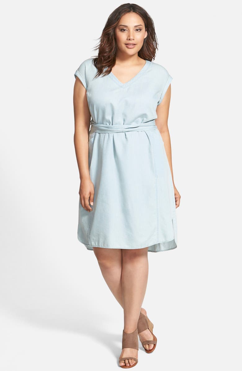 Sejour Bleach Wash Chambray Tie Waist Dress, Main, color, 