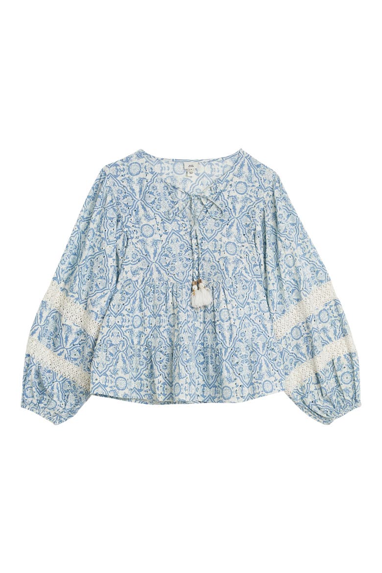 Eyelet Tie Neck Peasant Top, Alternate, color, BLUE LIGHT