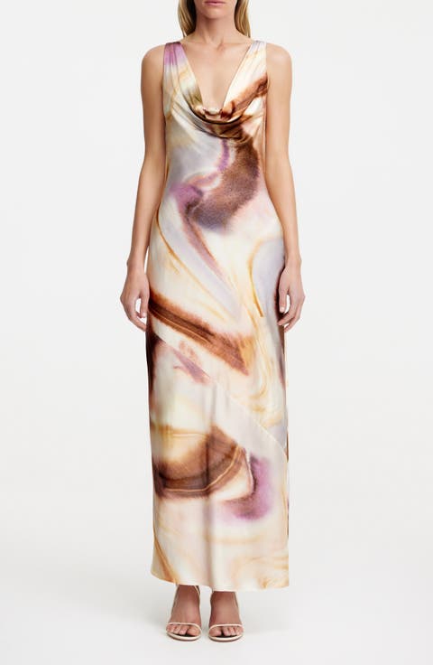Lacey Abstract Print Satin Maxi Dress