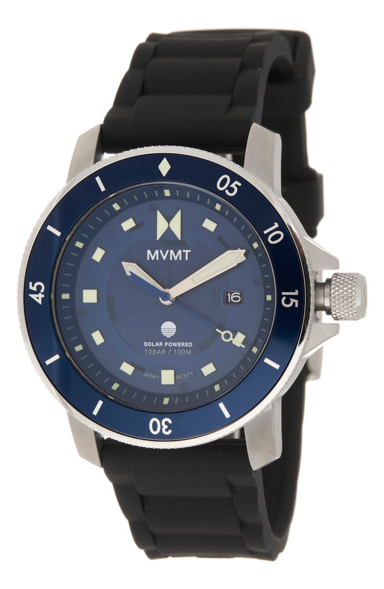MVMT WATCHES Cali Diver Solar Silicone Bracelet Watch, 40mm, Main, color, 