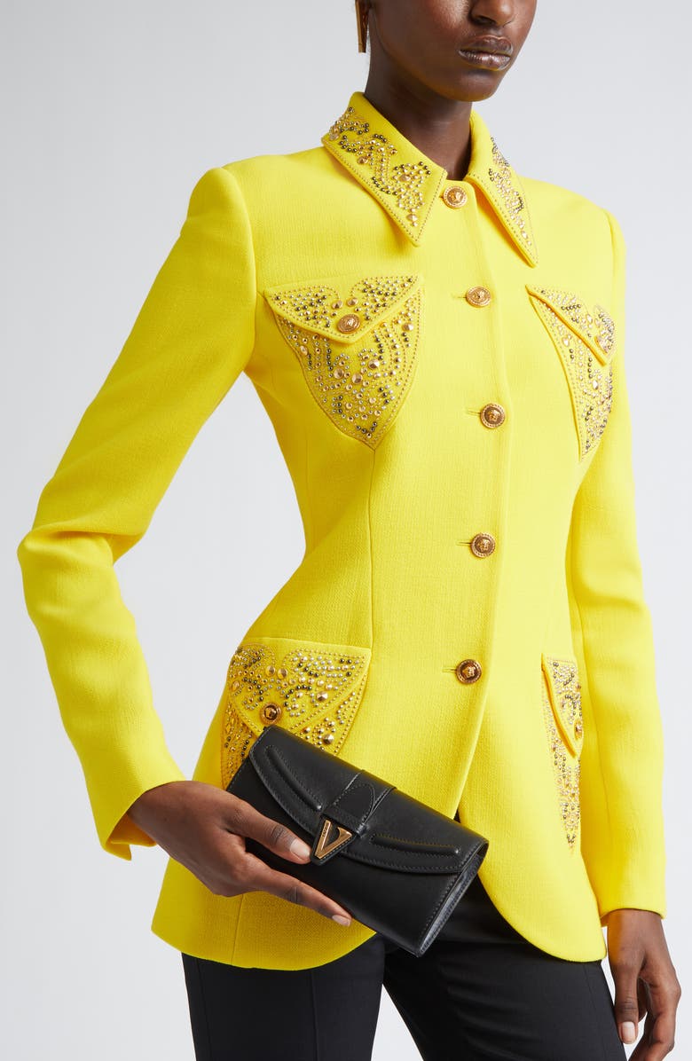 Versace V Leather Wallet on a Chain, Alternate, color, Black Versace Gold