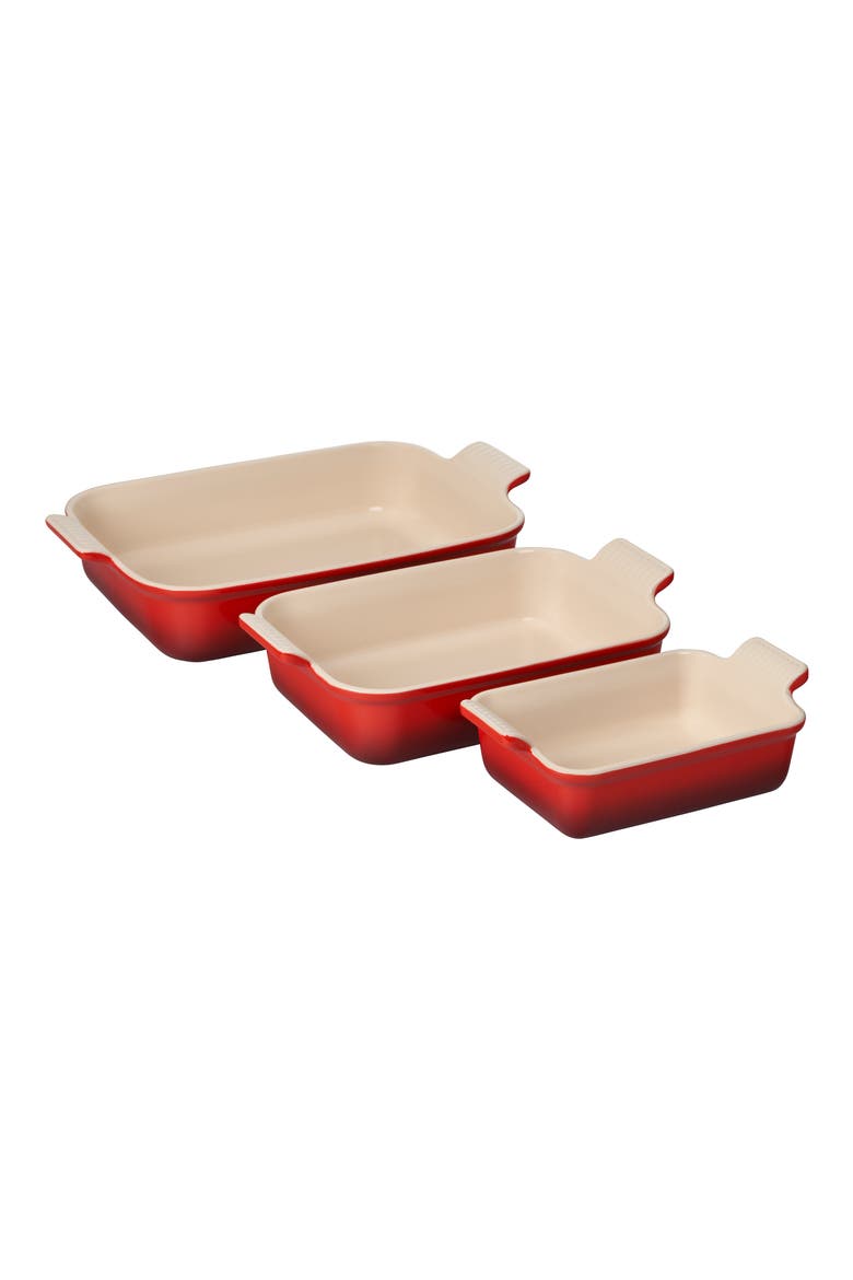 The Heritage Set of 3 Rectangular Baking Dishes, Main, color, CERISE