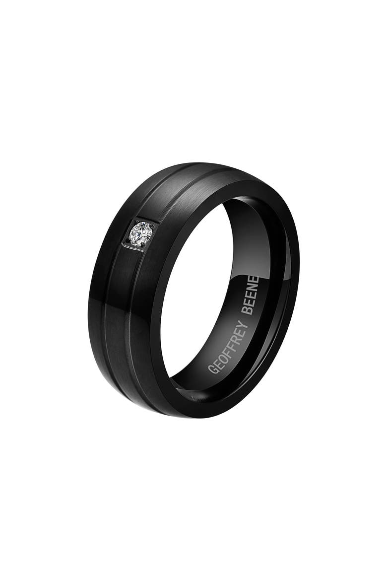 Men's Brushed Stainless Steel Cubic Zirconia Band Ring, Alternate, color, BLACK