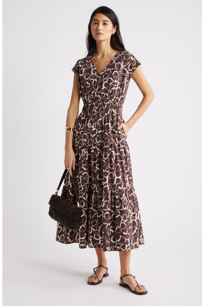 Tiered Poplin Maxi Dress, Alternate, color, BROWN FLOATING GINKO