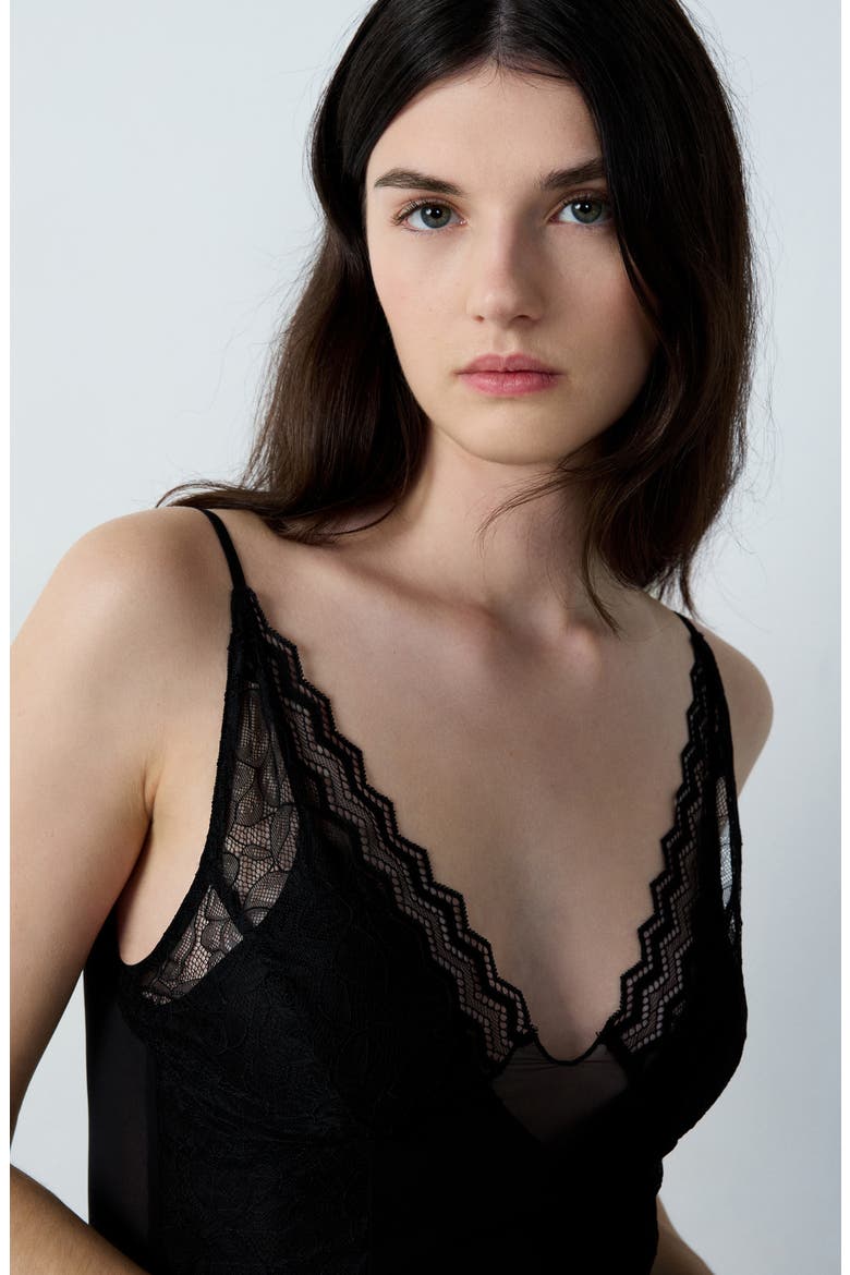 Embleme Nuisette Lace Trim Mesh Nightgown, Alternate, color, BLACK