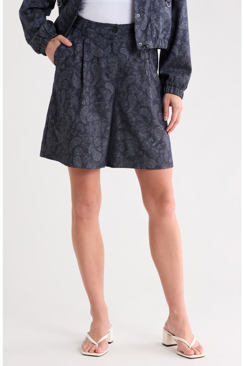 Pleated Stretch Bermuda Shorts, Main, color, DENIM BLUE PAISLEY
