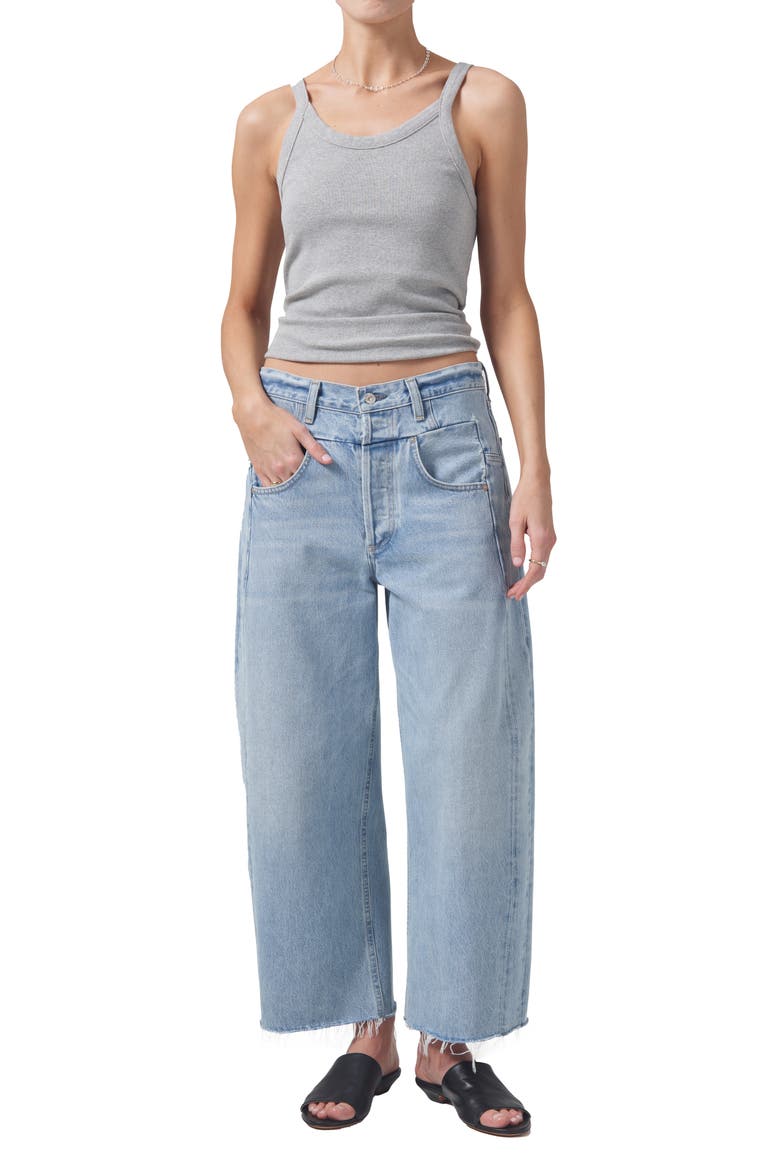 Bisou High Waist Raw Hem Crop Barrel Wide Leg Jeans, Alternate, color, GEMINI