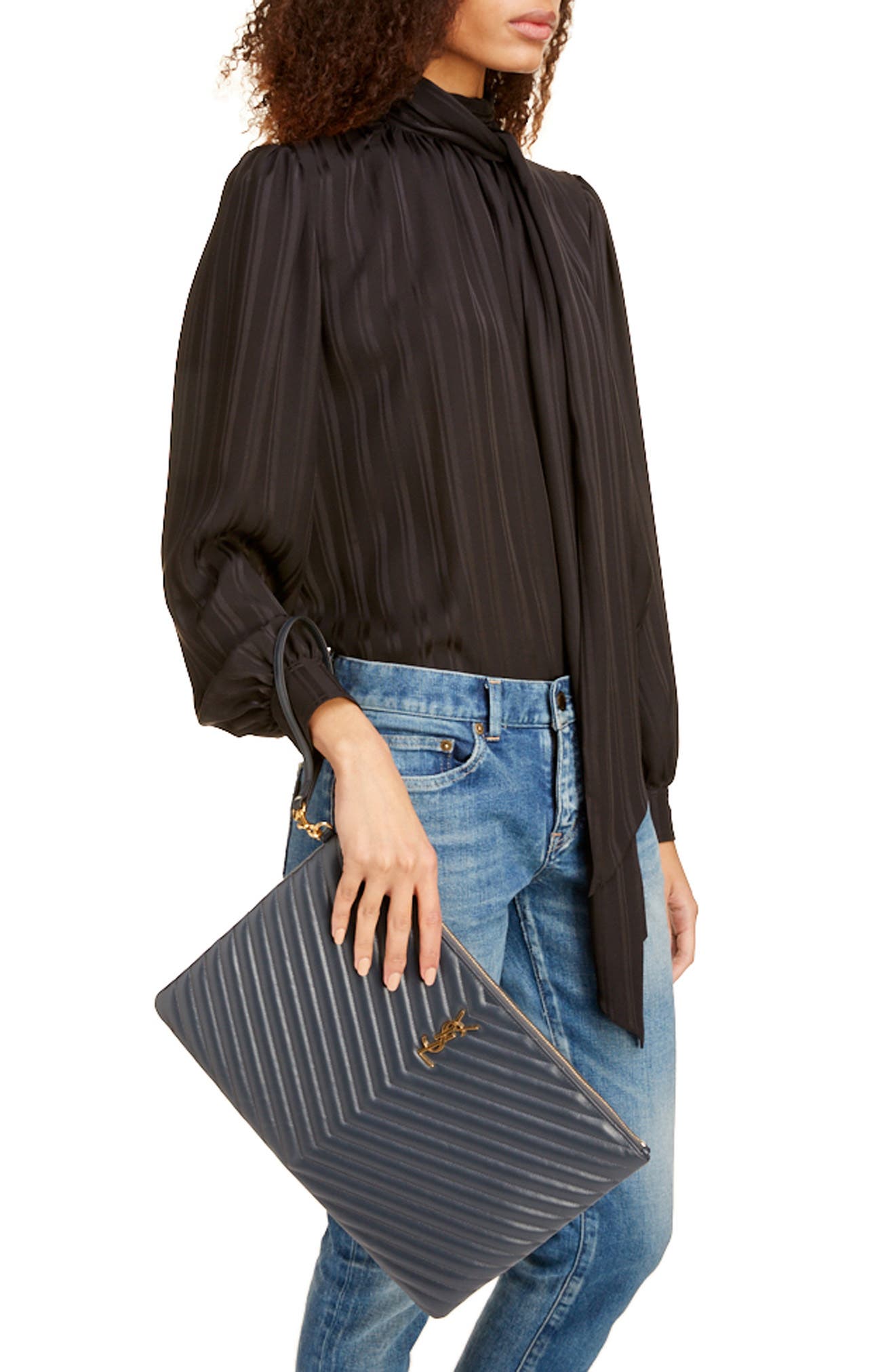 Saint Laurent Large Logo Matelassé Leather Pouch, Alternate, color, 