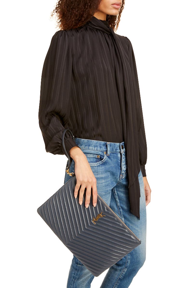 Saint Laurent Large Logo Matelassé Leather Pouch, Alternate, color,