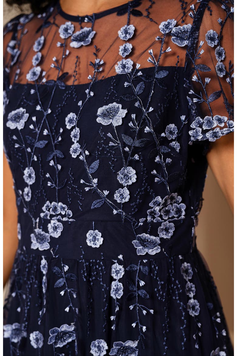 Embroidered Mesh Midi Dress, Alternate, color, Navy