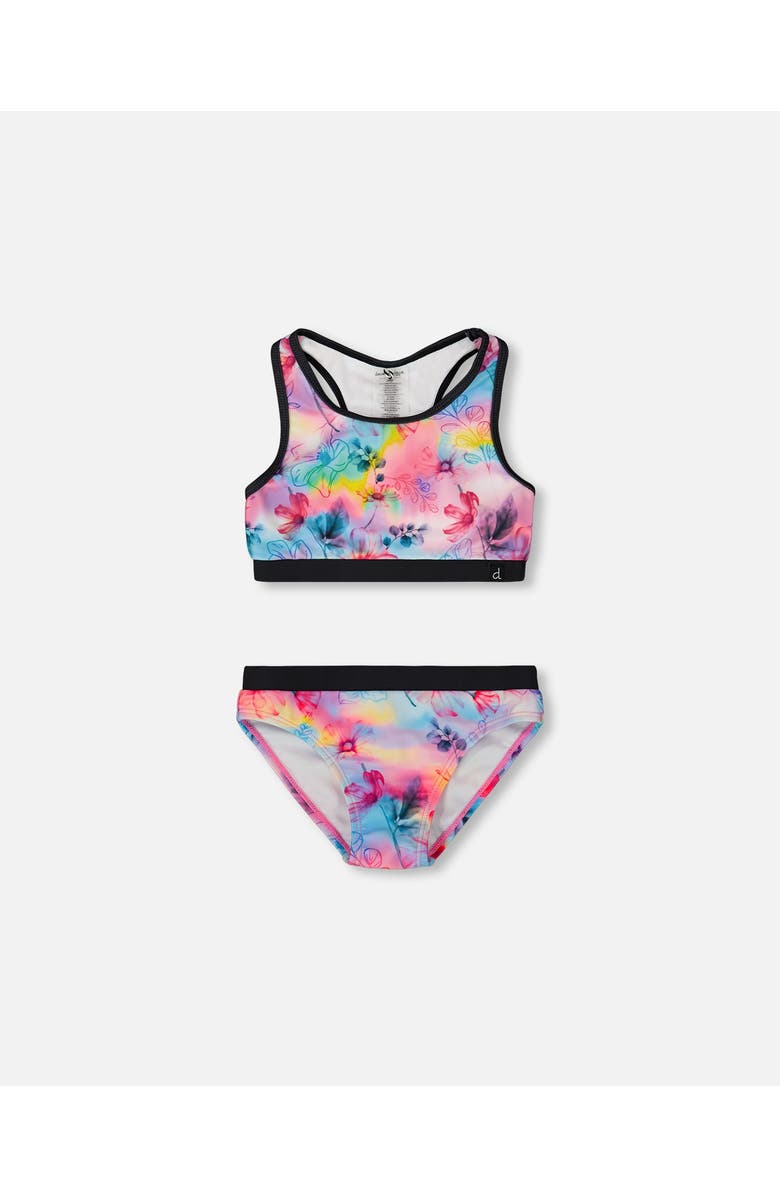 Deux par Deux Little Girl's Printed Two-Piece Racerback Swimsuit Butterflies On Multicolored And Black Background, Main, color, 