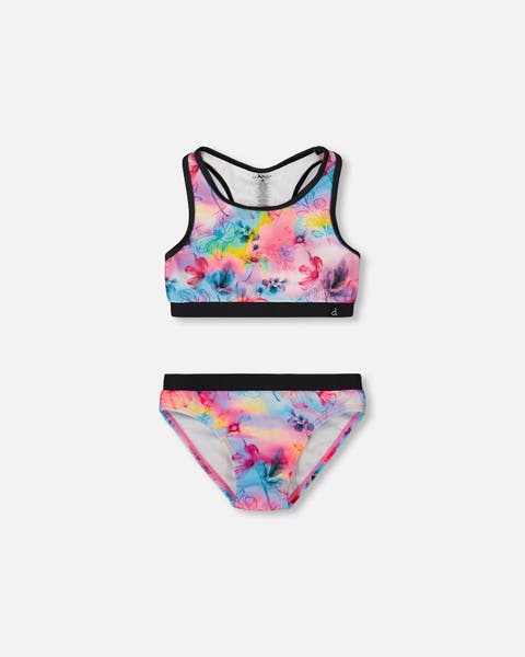 Little Girl's Printed Two-Piece Racerback Swimsuit Butterflies On Multicolored And Black Background