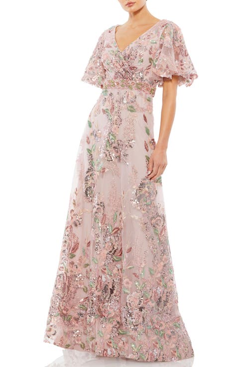 Floral Embellished Short Sleeve Faux Wrap Gown