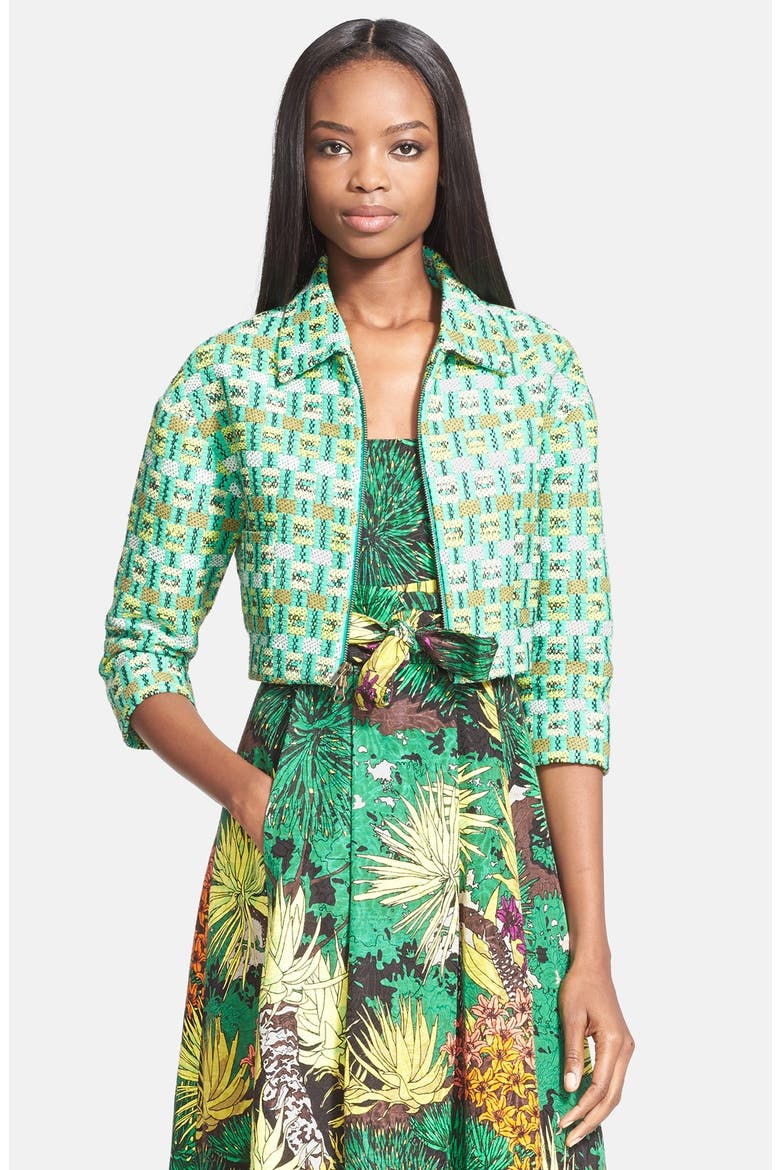 'Kelly' Raffia Check Crop Jacket, Main, color, KELLY