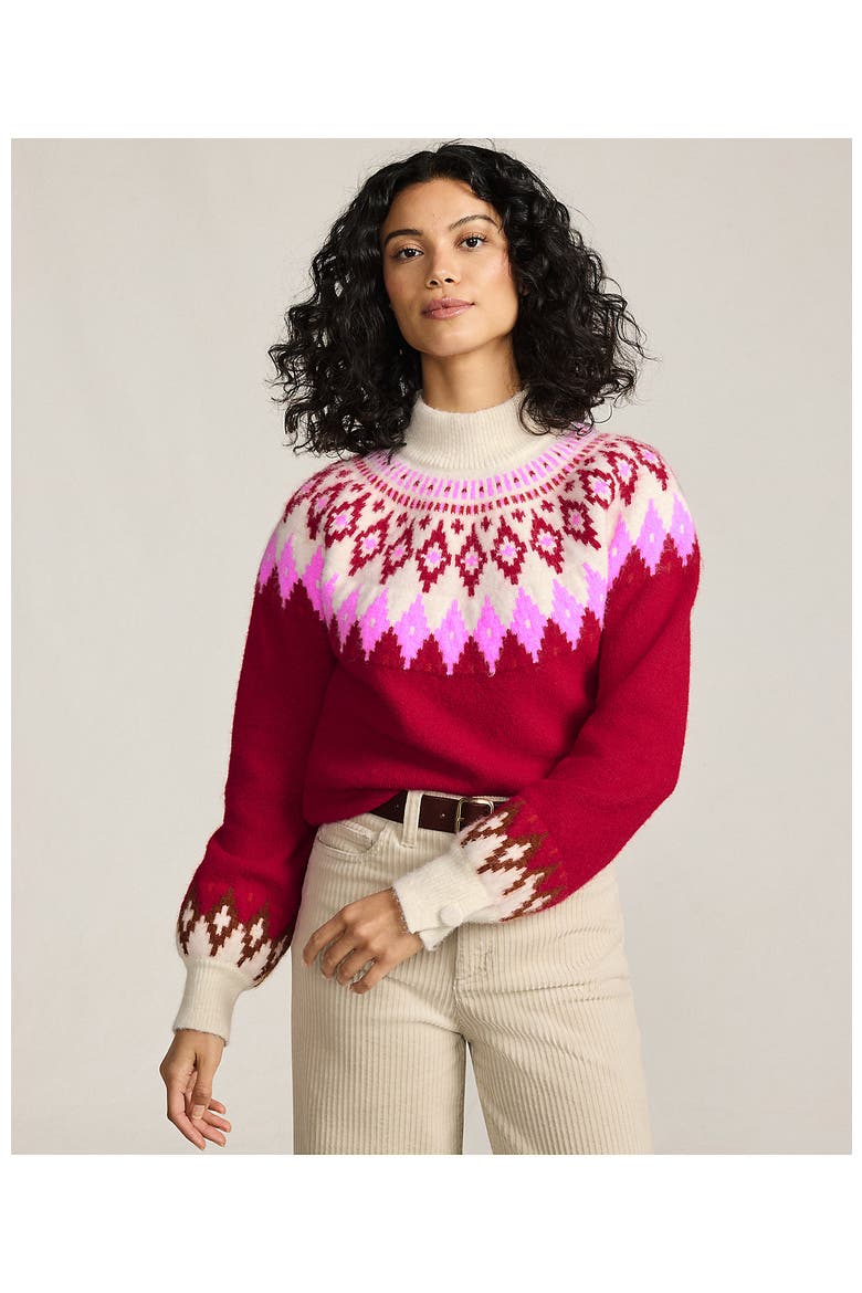 Fuzzy Turtleneck Lantern Sleeve Jacquard Sweater, Alternate, color, Rich Red Fairisle