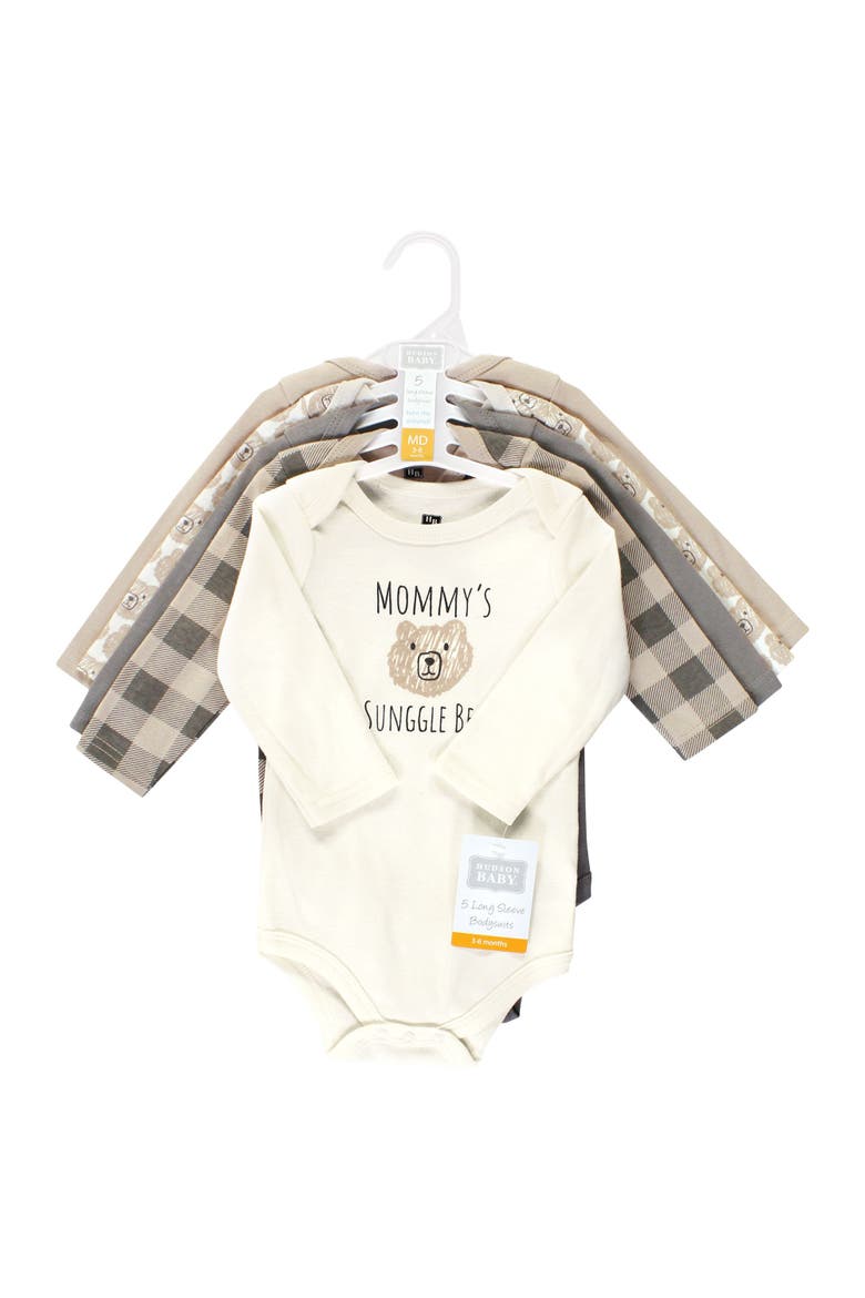 Cotton Long-Sleeve Bodysuits 5-Pack, Alternate, color, Snuggle Bear 5 Pack