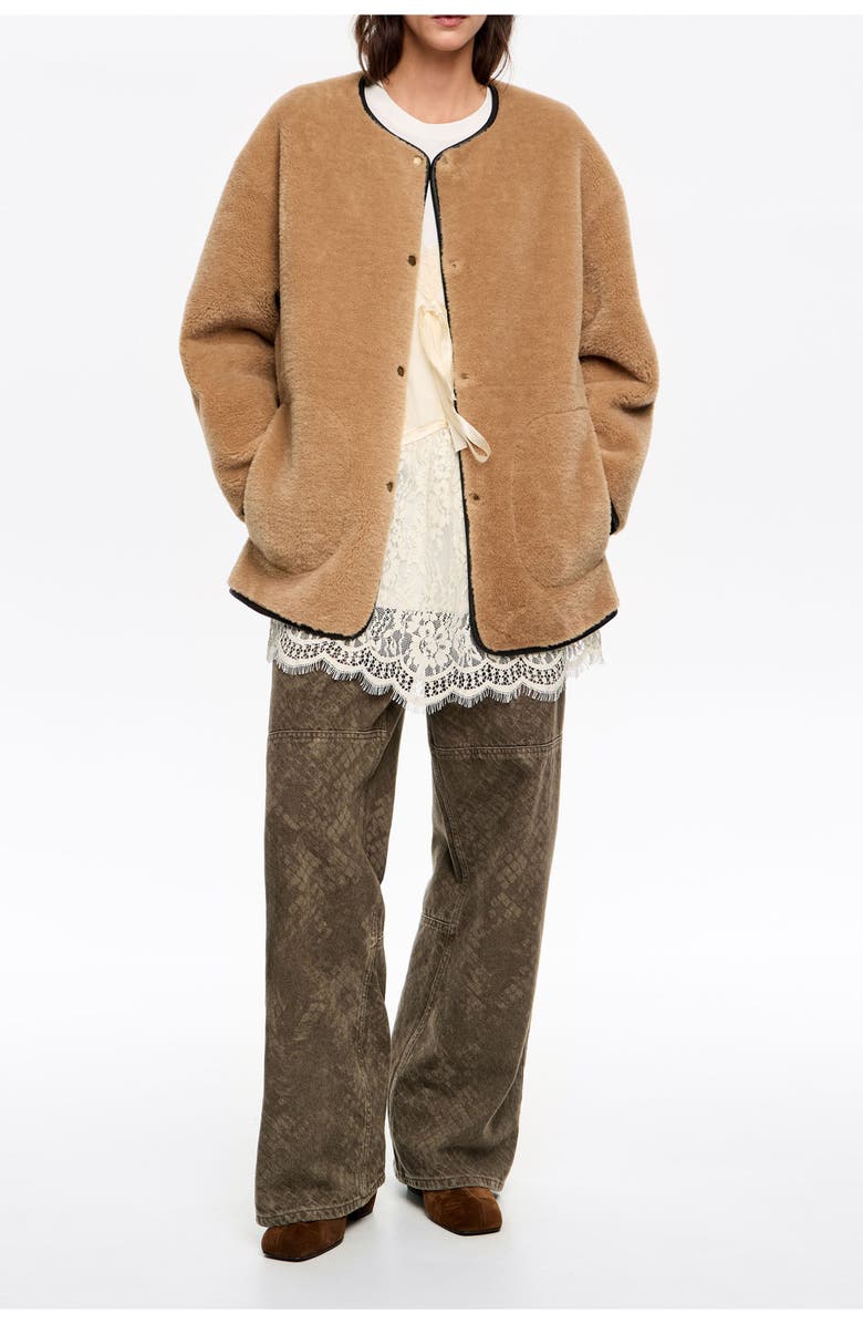 Bimba y Lola Reversible Fur Coat With Crew Neckline, Main, color, Camel