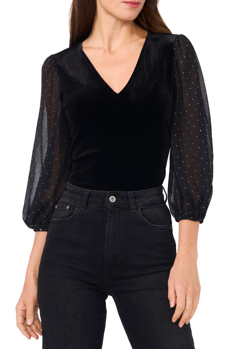Rhinestone Balloon Sleeve Velvet Top, Main, color, RICH BLACK