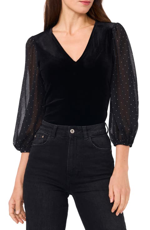 Rhinestone Balloon Sleeve Velvet Top