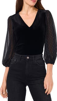 Vince Camuto Rhinestone Balloon Sleeve Velvet Top