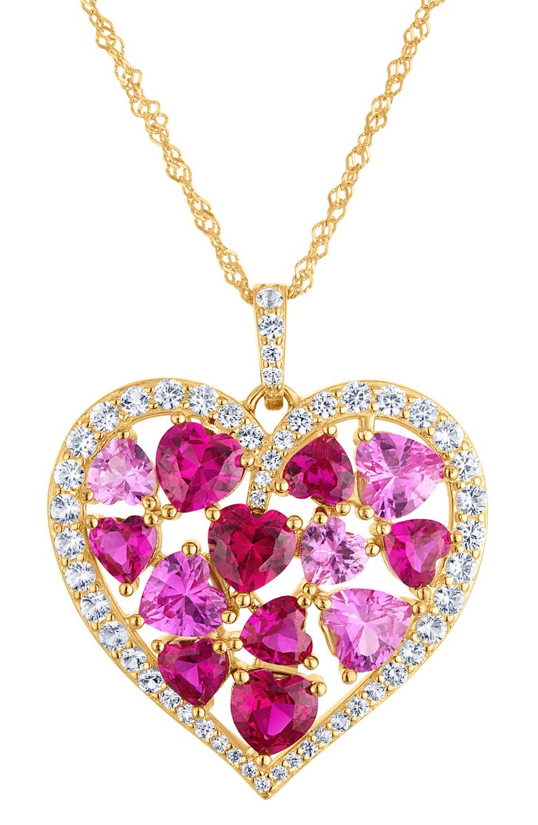 FZN 14K Gold Plated Sterling Silver Lab Created Pink Sapphire & Ruby Heart Pendant Necklace, Main, color, Yellow Gold/Pink
