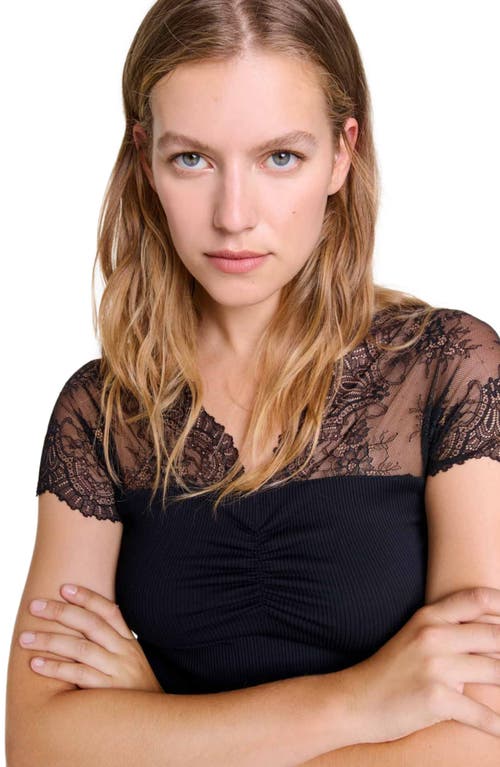 Maje Jersey Top With Lace Trim In Black