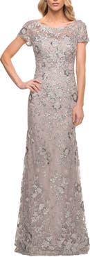 La Femme Glamorous Beaded Lace Column Dress with Short Sleeves