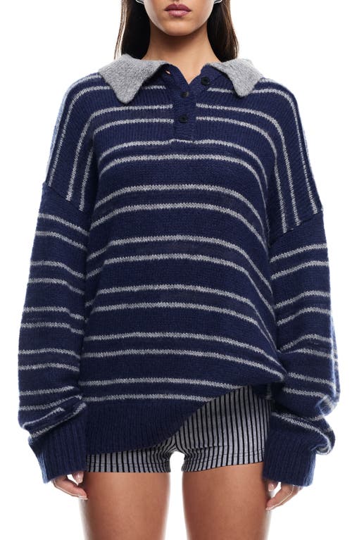 Shop Lioness Rising Sun Stripe Polo Sweater In Navy