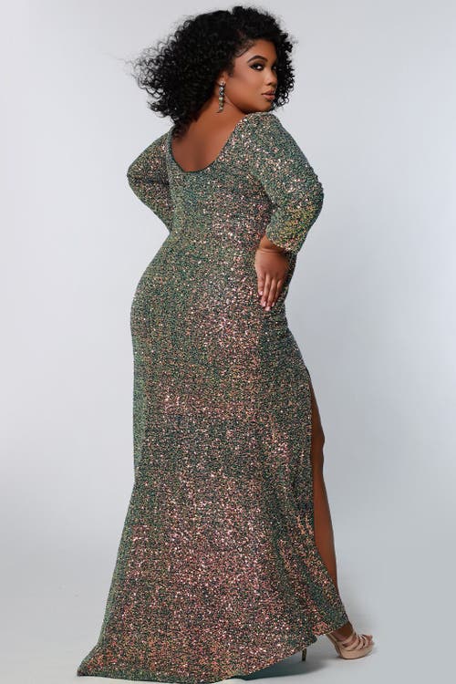 Sydney's Closet Fitted V-neck Multi-dimensional Sequin Long Sleeve Plus Size Gown In Green Surge