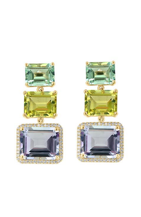 14K Yellow Gold Diamond,Pink Amethyst,Green Amethyst,Lemon Quartz Earrings