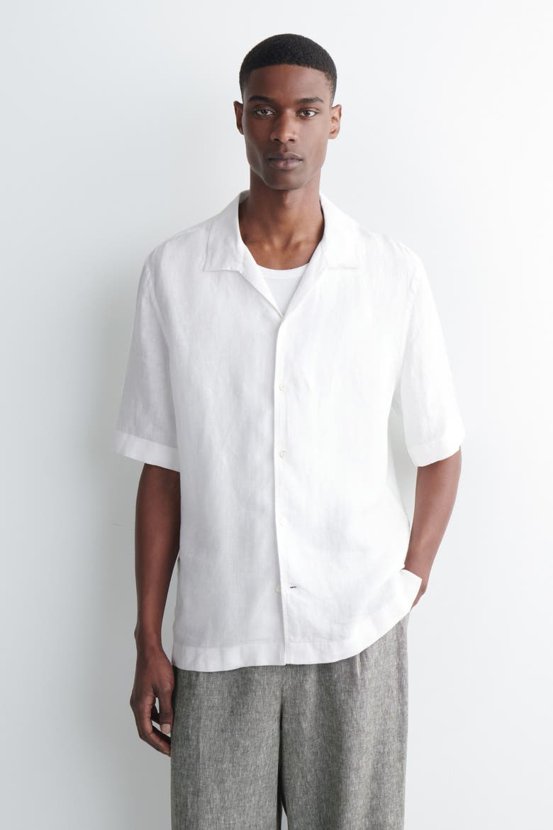 Camp-collar Short-sleeved Linen Shirt, Main, color, WHITE