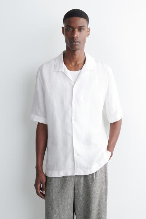 Camp-collar Short-sleeved Linen Shirt